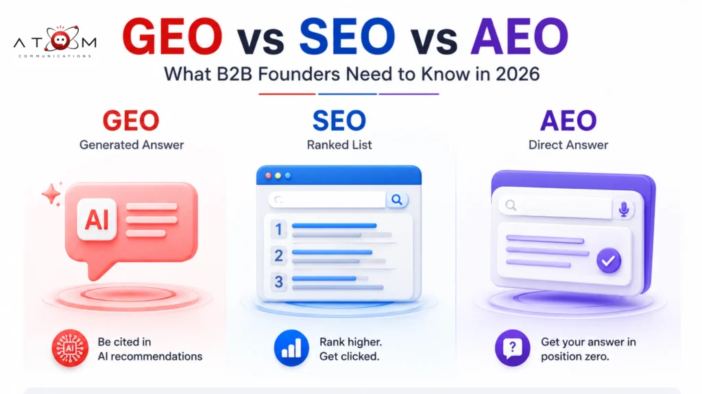 Diagram comparing SEO, AEO, and GEO optimization layers for B2B marketing