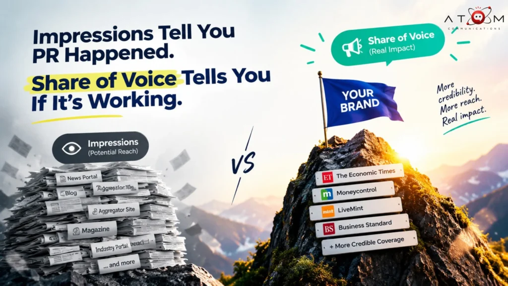 Share of voice in PR compared with impressions, showing how credible media coverage helps brands measure visibility against competitors.