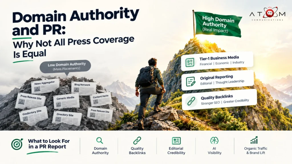 Domain authority and PR infographic comparing low-authority mass placements with high-quality press coverage, credible backlinks, SEO value, and AI visibility.