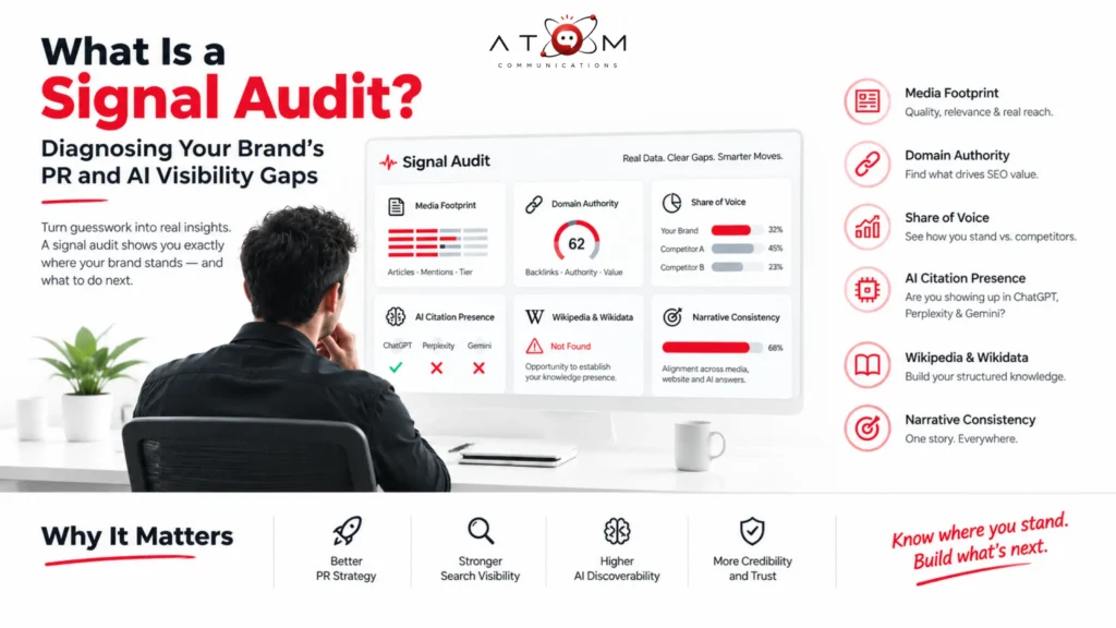 Signal audit dashboard showing brand PR visibility, media footprint, domain authority, share of voice, AI citations, and narrative consistency.