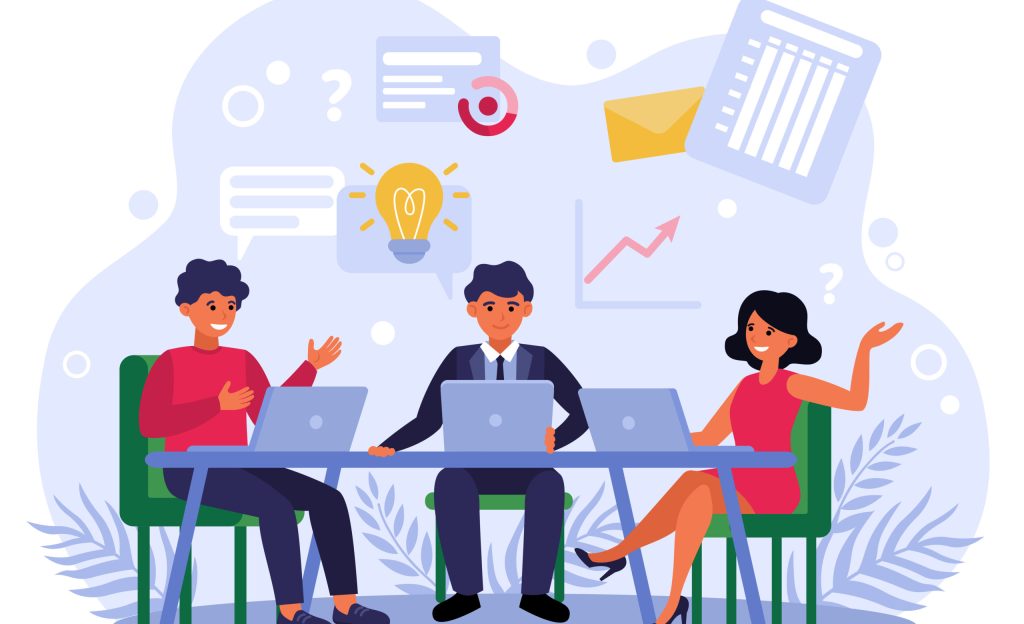 Business team brainstorming and discussing startup project isolated flat vector illustration. Cartoon businesspeople sitting at table and working with laptops. Company workflow and teamwork concept